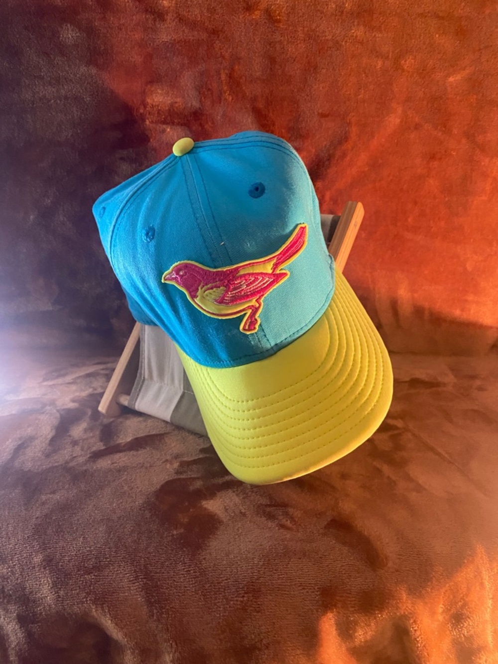 New Era Bright Blue and Neon Yellow Cap with Pink Bird Patch